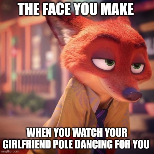 Be Kind to your Fox | THE FACE YOU MAKE; WHEN YOU WATCH YOUR GIRLFRIEND POLE DANCING FOR YOU | image tagged in nick wilde sexy look,zootopia,nick wilde,the face you make when,pole dancer,funny | made w/ Imgflip meme maker