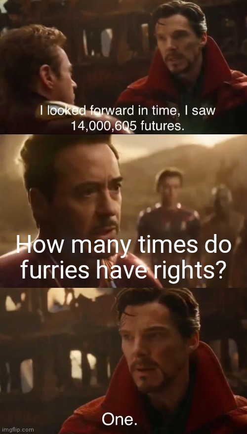 Even one is too many! | How many times do furries have rights? | image tagged in dr strange s futures,dr strange | made w/ Imgflip meme maker