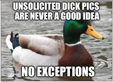 Actual Advice Mallard Meme | UNSOLICITED DICK PICS ARE NEVER A GOOD IDEA NO EXCEPTIONS | image tagged in memes,actual advice mallard,AdviceAnimals | made w/ Imgflip meme maker