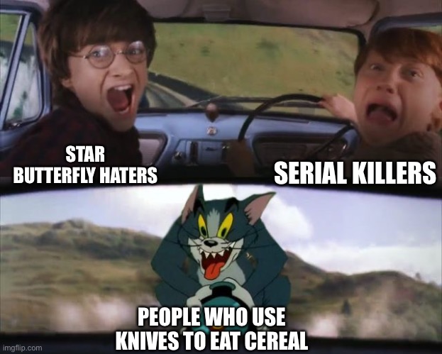WHO EVEN USES KNIVES TO EAT CEREAL?! | SERIAL KILLERS; STAR BUTTERFLY HATERS; PEOPLE WHO USE KNIVES TO EAT CEREAL | image tagged in tom chasing harry and ron weasly,memes,cereal,knife,funny,dank memes | made w/ Imgflip meme maker
