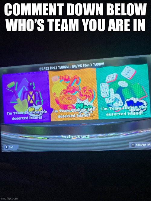 Please | COMMENT DOWN BELOW WHO’S TEAM YOU ARE IN | image tagged in splatoon | made w/ Imgflip meme maker