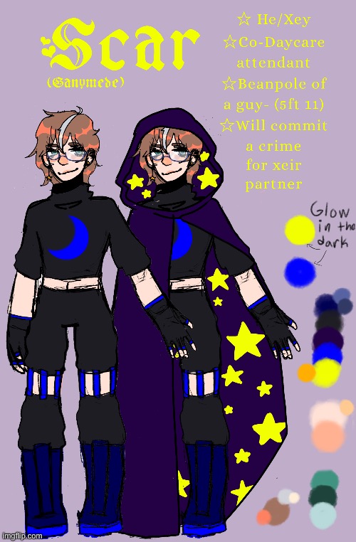 Finished Scar’s character sheet! (At least for xeir daycare attendant outfit-) Also shows with and without the cloak | made w/ Imgflip meme maker