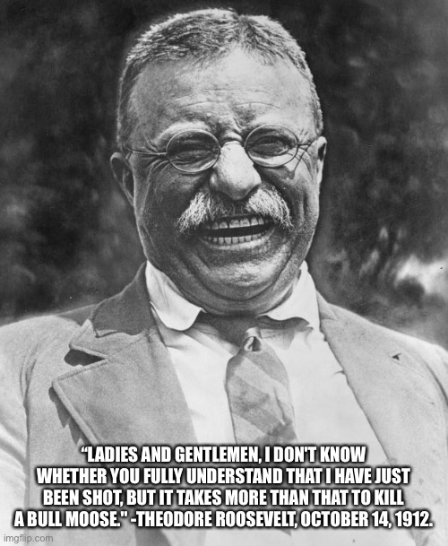 Teddy Roosevelt | “LADIES AND GENTLEMEN, I DON'T KNOW WHETHER YOU FULLY UNDERSTAND THAT I HAVE JUST BEEN SHOT, BUT IT TAKES MORE THAN THAT TO KILL A BULL MOOS | image tagged in teddy roosevelt | made w/ Imgflip meme maker