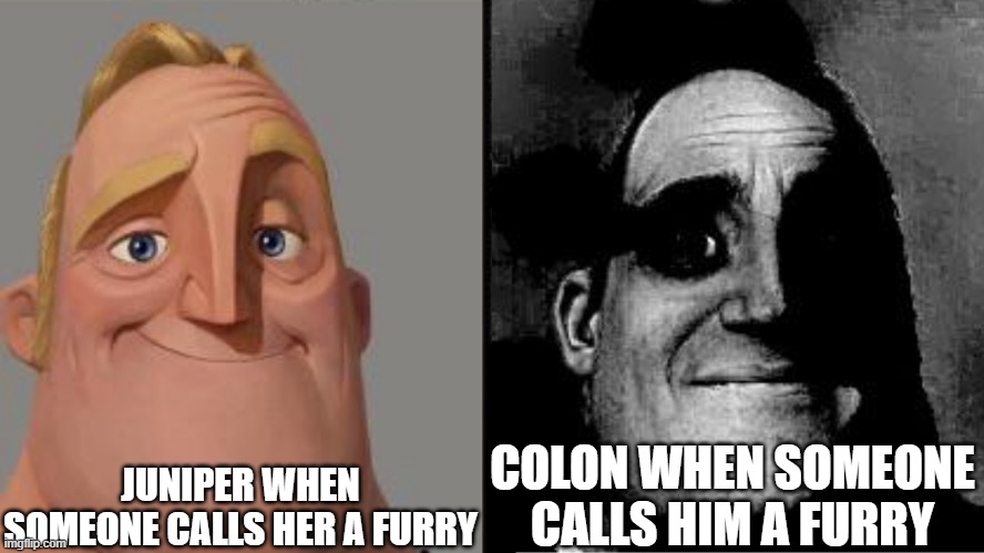 They both aren't furries but Juni's more calm about it | JUNIPER WHEN SOMEONE CALLS HER A FURRY; COLON WHEN SOMEONE CALLS HIM A FURRY | image tagged in traumatized mr incredible,geometry dash | made w/ Imgflip meme maker
