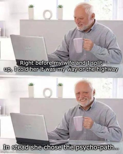The opposite of ”the road less travelled” | Right before my wife and I split up, I told her it was my way or the highway; In stead she chose the psycho-path… | image tagged in memes,hide the pain harold | made w/ Imgflip meme maker