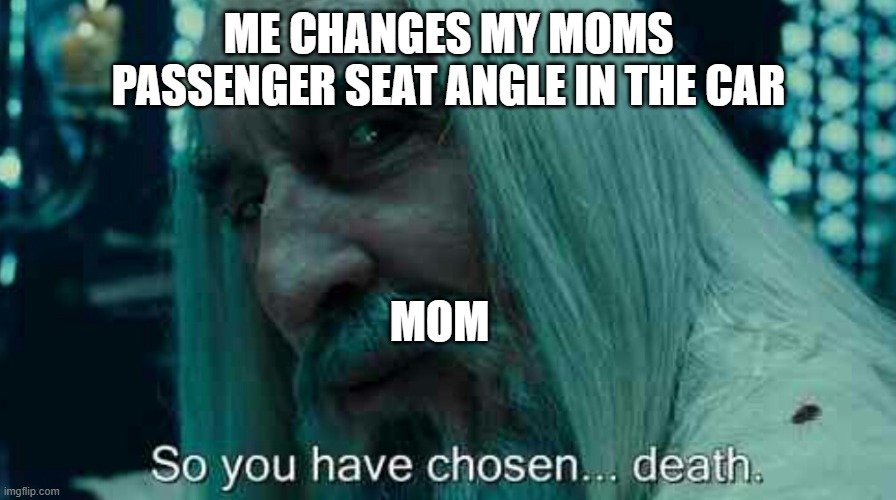 I changed it | ME CHANGES MY MOMS PASSENGER SEAT ANGLE IN THE CAR; MOM | image tagged in so you have chosen death | made w/ Imgflip meme maker