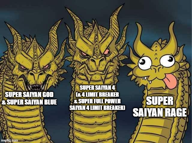 Hydra | SUPER SAIYAN 4 (& 4 LIMIT BREAKER & SUPER FULL POWER SAIYAN 4 LIMIT BREAKER); SUPER SAIYAN RAGE; SUPER SAIYAN GOD & SUPER SAIYAN BLUE | image tagged in hydra | made w/ Imgflip meme maker
