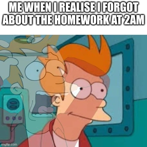 oh no no no no | ME WHEN I REALISE I FORGOT ABOUT THE HOMEWORK AT 2AM | image tagged in fry,memes,funny,school,relatable,homework | made w/ Imgflip meme maker
