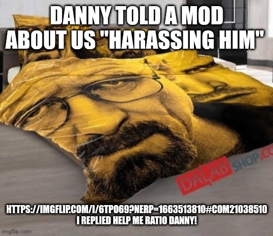 Breaking Bed | DANNY TOLD A MOD ABOUT US "HARASSING HIM"; HTTPS://IMGFLIP.COM/I/6TPO69?NERP=1663513810#COM21038510 I REPLIED HELP ME RATIO DANNY! | image tagged in breaking bed | made w/ Imgflip meme maker