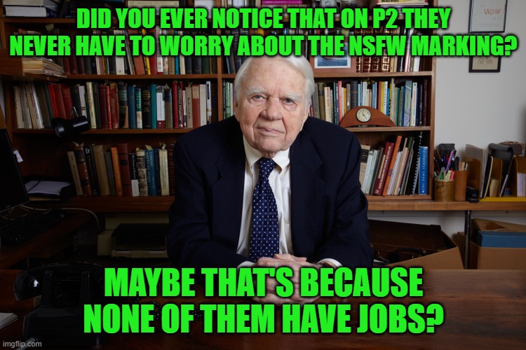 Just for fun, I'll probably get a timer and a comment of "hurting the feelz of another stream (multiple infractions)" | DID YOU EVER NOTICE THAT ON P2 THEY NEVER HAVE TO WORRY ABOUT THE NSFW MARKING? MAYBE THAT'S BECAUSE NONE OF THEM HAVE JOBS? | image tagged in andy rooney,politics too,liberals,feelz | made w/ Imgflip meme maker