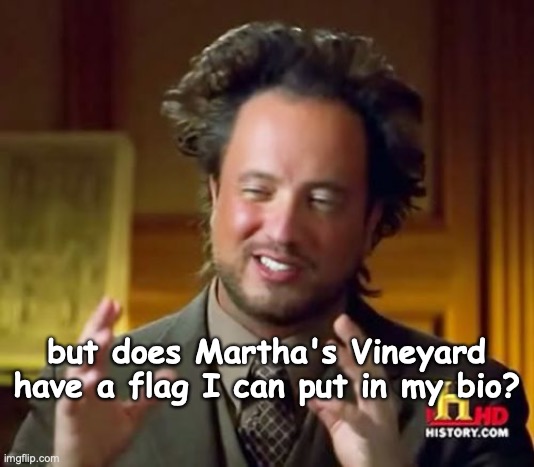 Ancient Aliens | but does Martha's Vineyard have a flag I can put in my bio? | image tagged in memes,ancient aliens | made w/ Imgflip meme maker