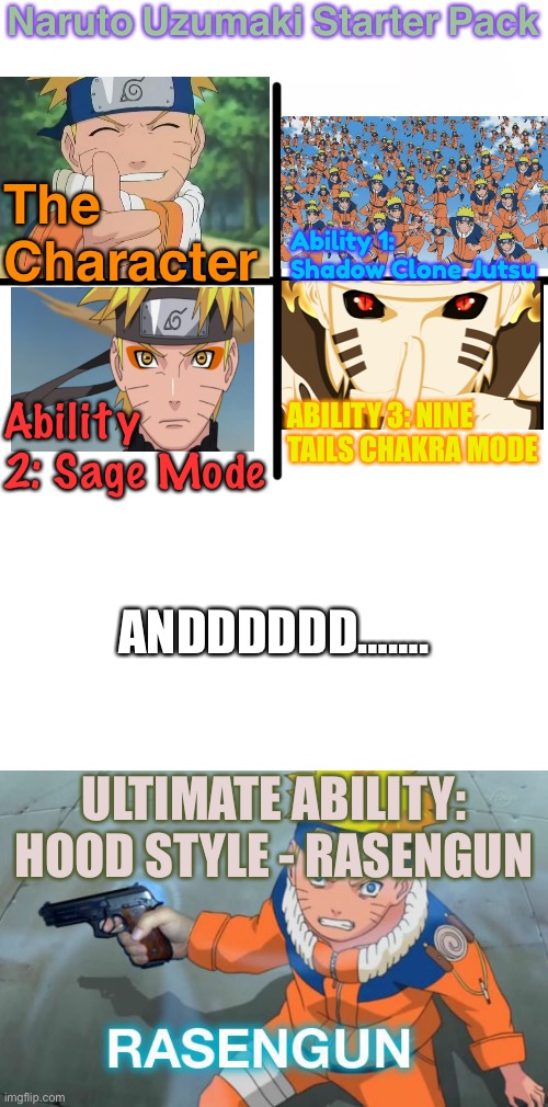 The Ultimate Naruto Uzumaki Starter Pack | Naruto Uzumaki Starter Pack; The Character; Ability 1: Shadow Clone Jutsu; Ability 2: Sage Mode; ABILITY 3: NINE TAILS CHAKRA MODE; ANDDDDDD……. ULTIMATE ABILITY: HOOD STYLE - RASENGUN | image tagged in memes,blank starter pack,blank transparent square,starter pack,naruto,naruto shippuden | made w/ Imgflip meme maker