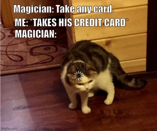 Loading Cat HD | Magician: Take any card. ME: *TAKES HIS CREDIT CARD*; MAGICIAN: | image tagged in loading cat hd | made w/ Imgflip meme maker