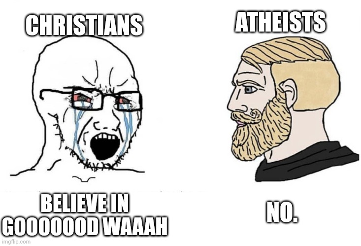 Soyboy Vs Yes Chad | CHRISTIANS; ATHEISTS; NO. BELIEVE IN GOOOOOOD WAAAH | image tagged in soyboy vs yes chad | made w/ Imgflip meme maker
