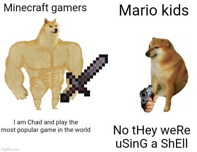 Buff Doge vs. Cheems Meme | Minecraft gamers; Mario kids; I am Chad and play the most popular game in the world; No tHey weRe uSinG a ShEll | image tagged in memes,buff doge vs cheems | made w/ Imgflip meme maker