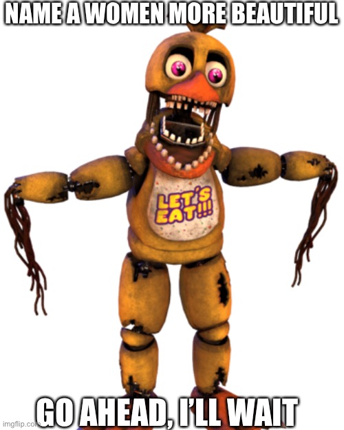 Withered Chica | NAME A WOMEN MORE BEAUTIFUL; GO AHEAD, I’LL WAIT | image tagged in withered chica | made w/ Imgflip meme maker
