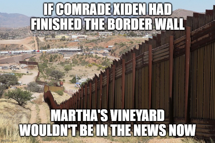 Border Wall 02 | IF COMRADE XIDEN HAD FINISHED THE BORDER WALL; MARTHA'S VINEYARD WOULDN'T BE IN THE NEWS NOW | image tagged in border wall 02 | made w/ Imgflip meme maker