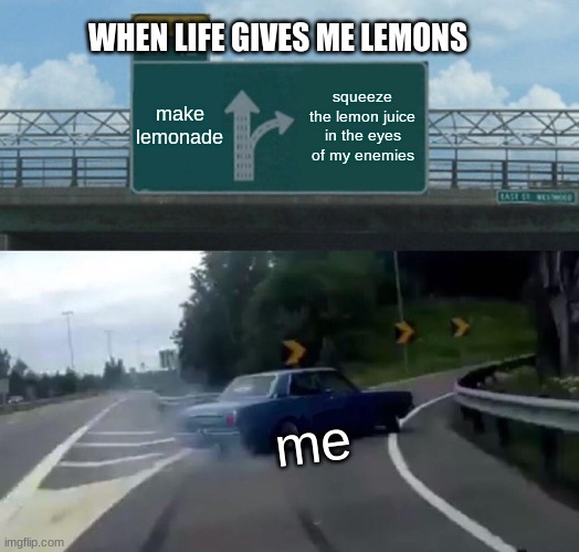 life giving me lemons be like | WHEN LIFE GIVES ME LEMONS; make lemonade; squeeze the lemon juice in the eyes of my enemies; me | image tagged in memes,left exit 12 off ramp,why is the fbi here | made w/ Imgflip meme maker