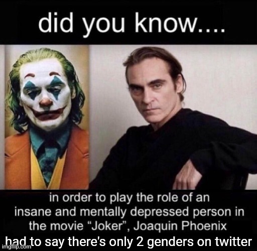 Did you know in order to play Joker | had to say there's only 2 genders on twitter | image tagged in did you know in order to play joker | made w/ Imgflip meme maker