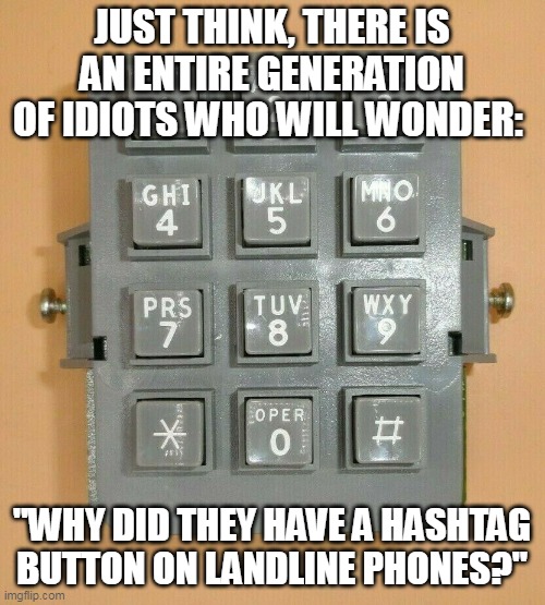 Phones |  JUST THINK, THERE IS AN ENTIRE GENERATION OF IDIOTS WHO WILL WONDER:; "WHY DID THEY HAVE A HASHTAG BUTTON ON LANDLINE PHONES?" | image tagged in telephone,phone,old,idiots,generation z | made w/ Imgflip meme maker
