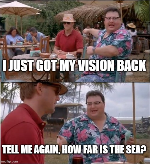 perception , perceptual constructions | I JUST GOT MY VISION BACK; TELL ME AGAIN, HOW FAR IS THE SEA? | image tagged in memes,see nobody cares | made w/ Imgflip meme maker