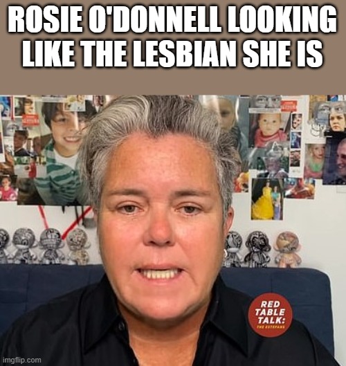 Rosie O'Donnell Looking Like The Lesbian She Is | ROSIE O'DONNELL LOOKING LIKE THE LESBIAN SHE IS | image tagged in rosie o'donnell,rosie,lesbian,gay,funny,memes | made w/ Imgflip meme maker