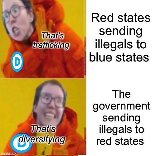 Progressive definitions | Red states sending illegals to blue states; That’s trafficking; The government sending illegals to red states; That’s diversifying | image tagged in politics lol,memes,liberal logic | made w/ Imgflip meme maker