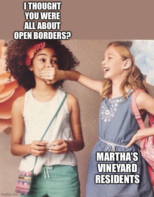 Suddenly, now that it is in their backyard it’s a problem? | I THOUGHT YOU WERE ALL ABOUT OPEN BORDERS? MARTHA’S VINEYARD RESIDENTS | image tagged in marthas vineyard,immigrants,Conservative | made w/ Imgflip meme maker