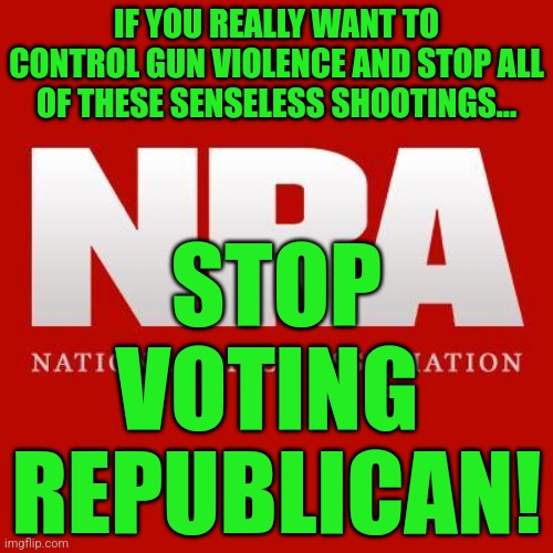 Nra | IF YOU REALLY WANT TO CONTROL GUN VIOLENCE AND STOP ALL OF THESE SENSELESS SHOOTINGS... STOP
VOTING 
REPUBLICAN! | image tagged in nra | made w/ Imgflip meme maker