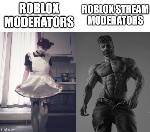 Giga chad vs femboy | ROBLOX MODERATORS; ROBLOX STREAM MODERATORS | image tagged in giga chad vs femboy | made w/ Imgflip meme maker