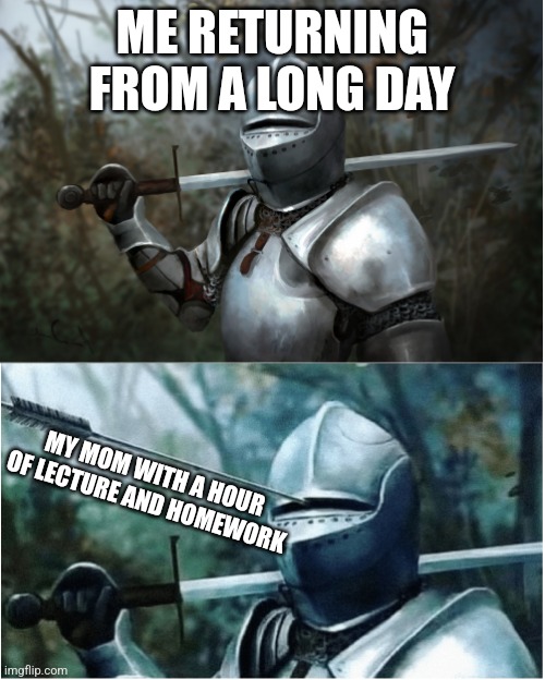 Knight with arrow in helmet |  ME RETURNING FROM A LONG DAY; MY MOM WITH A HOUR OF LECTURE AND HOMEWORK | image tagged in knight with arrow in helmet | made w/ Imgflip meme maker