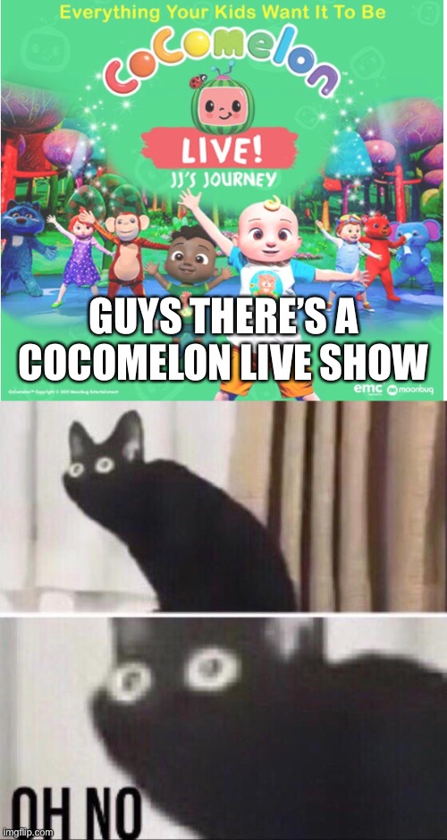 Cocomelons taking over live theatre | GUYS THERE’S A COCOMELON LIVE SHOW | image tagged in oh no cat,cocomelon,help me | made w/ Imgflip meme maker