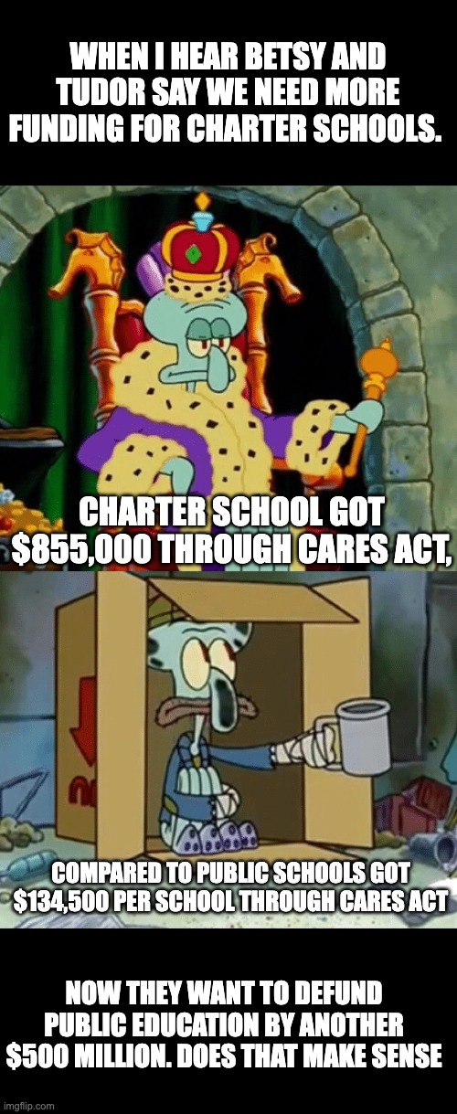 Public education | WHEN I HEAR BETSY AND TUDOR SAY WE NEED MORE FUNDING FOR CHARTER SCHOOLS. CHARTER SCHOOL GOT $855,000 THROUGH CARES ACT, COMPARED TO PUBLIC SCHOOLS GOT $134,500 PER SCHOOL THROUGH CARES ACT; NOW THEY WANT TO DEFUND PUBLIC EDUCATION BY ANOTHER $500 MILLION. DOES THAT MAKE SENSE | image tagged in king squidward poor squidward | made w/ Imgflip meme maker