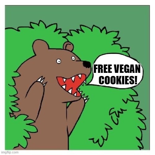 FREE VEGAN 
COOKIES! | image tagged in bear,vegan,cookies | made w/ Imgflip meme maker