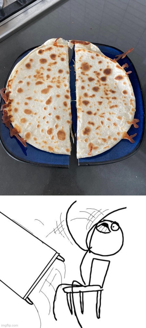 Food got sliced so hard that it even sliced the blue plate | image tagged in memes,table flip guy,plate,food,you had one job,meme | made w/ Imgflip meme maker