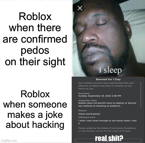 Guess who got banned for a joke? | Roblox when there are confirmed pedos on their sight; Roblox when someone makes a joke about hacking; real shit? | image tagged in memes,sleeping shaq,roblox meme,roblox | made w/ Imgflip meme maker
