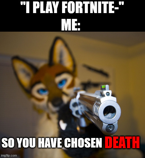 Furry with gun | "I PLAY FORTNITE-" ME: SO YOU HAVE CHOSEN DEATH | image tagged in furry with gun | made w/ Imgflip meme maker