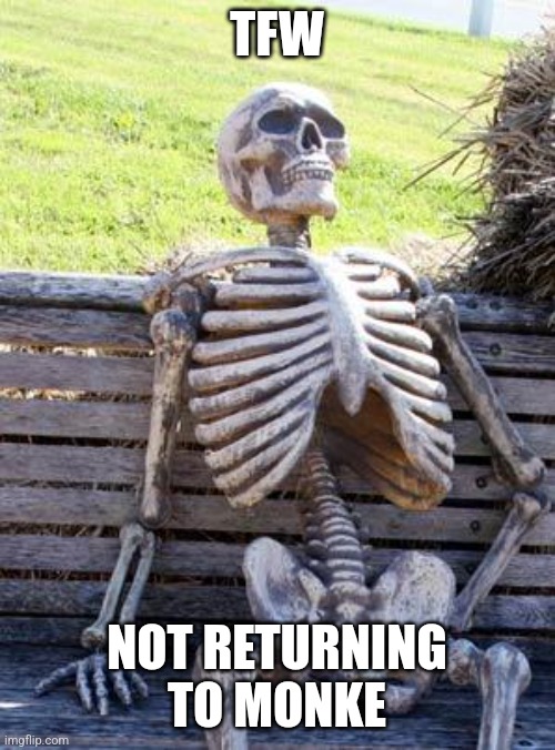 Tfw | TFW; NOT RETURNING TO MONKE | image tagged in memes,waiting skeleton | made w/ Imgflip meme maker
