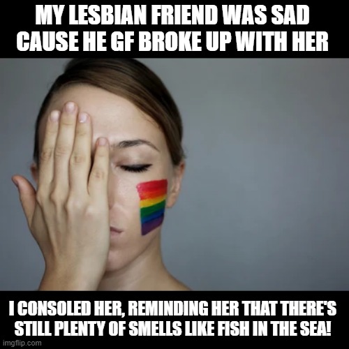 You'll Find Another Girl | MY LESBIAN FRIEND WAS SAD CAUSE HE GF BROKE UP WITH HER; I CONSOLED HER, REMINDING HER THAT THERE'S STILL PLENTY OF SMELLS LIKE FISH IN THE SEA! | image tagged in sex jokes | made w/ Imgflip meme maker