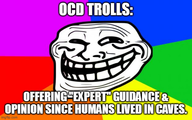 OCD Trolls | OCD TROLLS:; OFFERING "EXPERT" GUIDANCE & OPINION SINCE HUMANS LIVED IN CAVES. | image tagged in rainbow troll,the expert | made w/ Imgflip meme maker