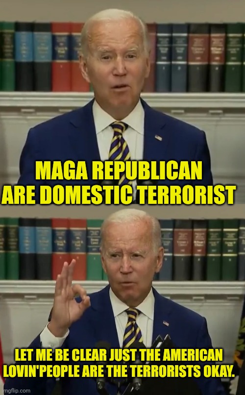 MAGA REPUBLICAN ARE DOMESTIC TERRORIST LET ME BE CLEAR JUST THE AMERICAN LOVIN'PEOPLE ARE THE TERRORISTS OKAY. | made w/ Imgflip meme maker