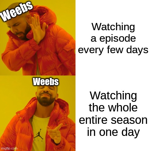 Some can find it relatable | Watching a episode every few days; Weebs; Weebs; Watching the whole entire season in one day | image tagged in memes,drake hotline bling | made w/ Imgflip meme maker