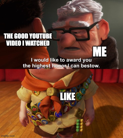 True | THE GOOD YOUTUBE VIDEO I WATCHED; ME; LIKE | image tagged in highest honor | made w/ Imgflip meme maker