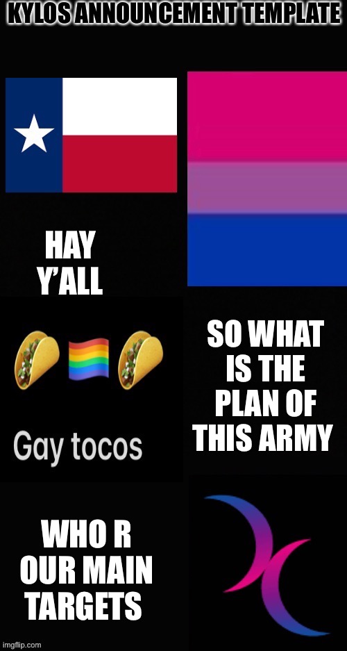 HAY Y’ALL; SO WHAT IS THE PLAN OF THIS ARMY; WHO R OUR MAIN TARGETS | image tagged in kylos new template | made w/ Imgflip meme maker