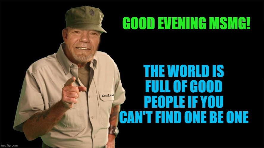 good evening! | GOOD EVENING MSMG! THE WORLD IS FULL OF GOOD PEOPLE IF YOU CAN'T FIND ONE BE ONE | image tagged in kewlew | made w/ Imgflip meme maker