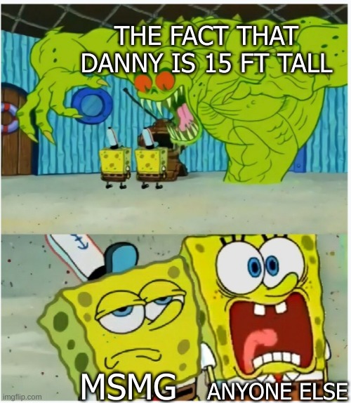 if blue is 5 ft tall, then danny is 15 ft tall (using that image of him killing blue and blue's confirmed height) | THE FACT THAT DANNY IS 15 FT TALL; MSMG; ANYONE ELSE | image tagged in memes,funny,spongebob squarepants scared but also not scared,danny,msmg,spongebob | made w/ Imgflip meme maker
