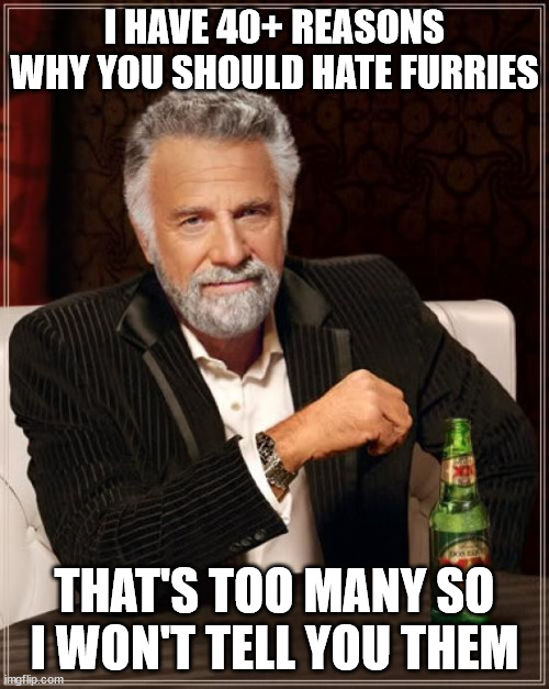 (i mean not hate i forgor words ;^;) | I HAVE 40+ REASONS WHY YOU SHOULD HATE FURRIES; THAT'S TOO MANY SO I WON'T TELL YOU THEM | image tagged in memes,the most interesting man in the world | made w/ Imgflip meme maker