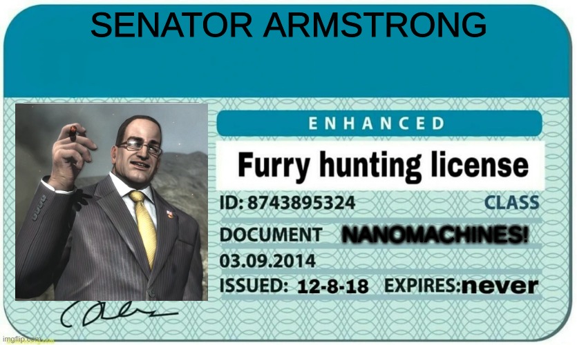 standing here | SENATOR ARMSTRONG; NANOMACHINES! | image tagged in furry hunting license,metal gear,anti furry | made w/ Imgflip meme maker
