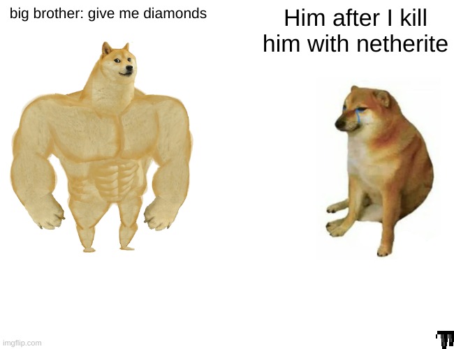 Buff Doge vs. Cheems | big brother: give me diamonds; Him after I kill him with netherite | image tagged in memes,buff doge vs cheems | made w/ Imgflip meme maker