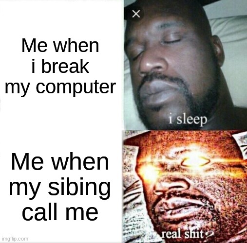 Sleeping Shaq Meme | Me when i break my computer; Me when my sibing call me | image tagged in memes,sleeping shaq | made w/ Imgflip meme maker
